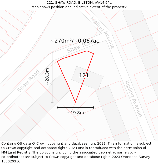 121, SHAW ROAD, BILSTON, WV14 9PU: Plot and title map