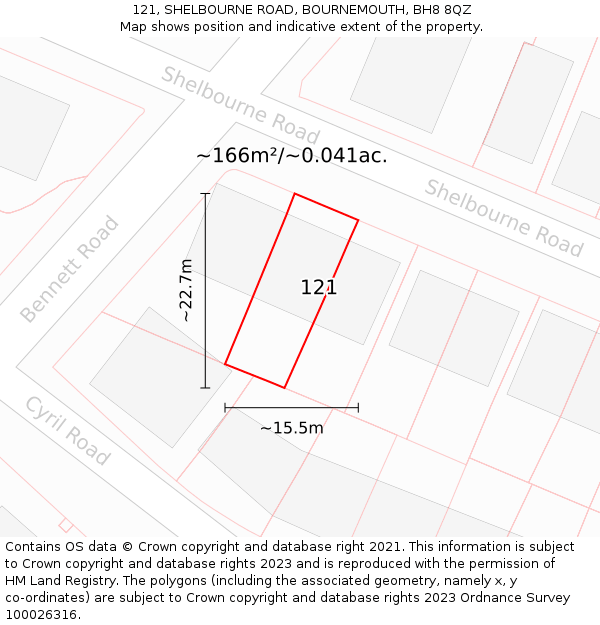 121, SHELBOURNE ROAD, BOURNEMOUTH, BH8 8QZ: Plot and title map