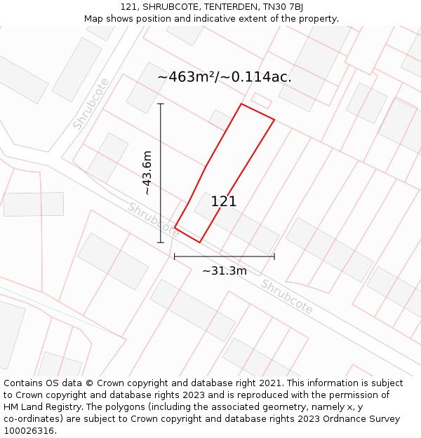 121, SHRUBCOTE, TENTERDEN, TN30 7BJ: Plot and title map