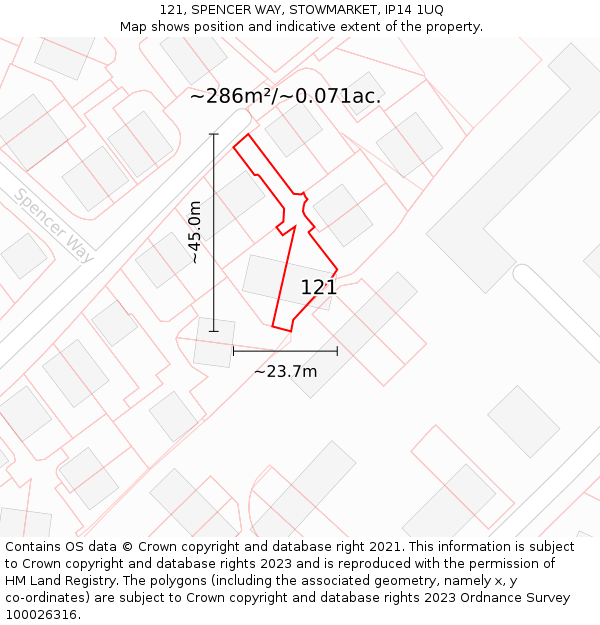 121, SPENCER WAY, STOWMARKET, IP14 1UQ: Plot and title map