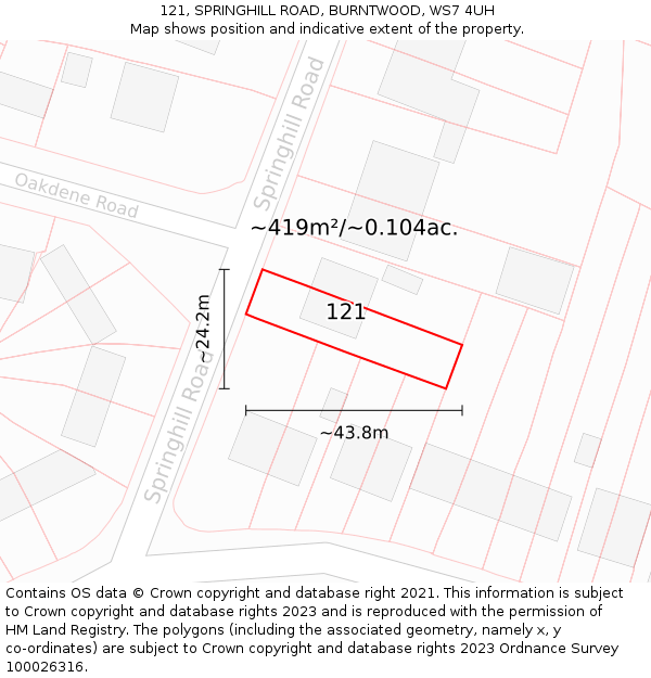 121, SPRINGHILL ROAD, BURNTWOOD, WS7 4UH: Plot and title map