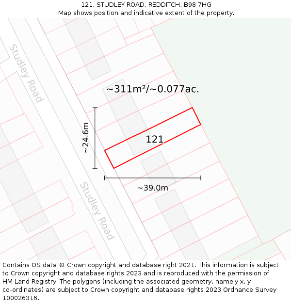 121, STUDLEY ROAD, REDDITCH, B98 7HG: Plot and title map