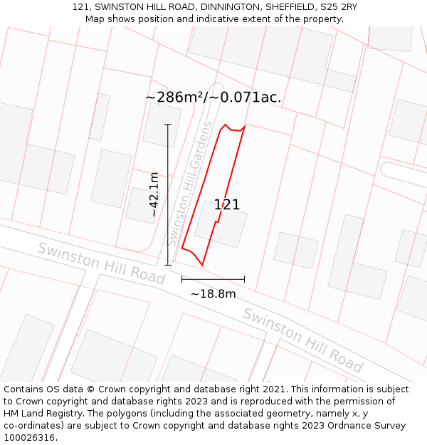 121, SWINSTON HILL ROAD, DINNINGTON, SHEFFIELD, S25 2RY: Plot and title map