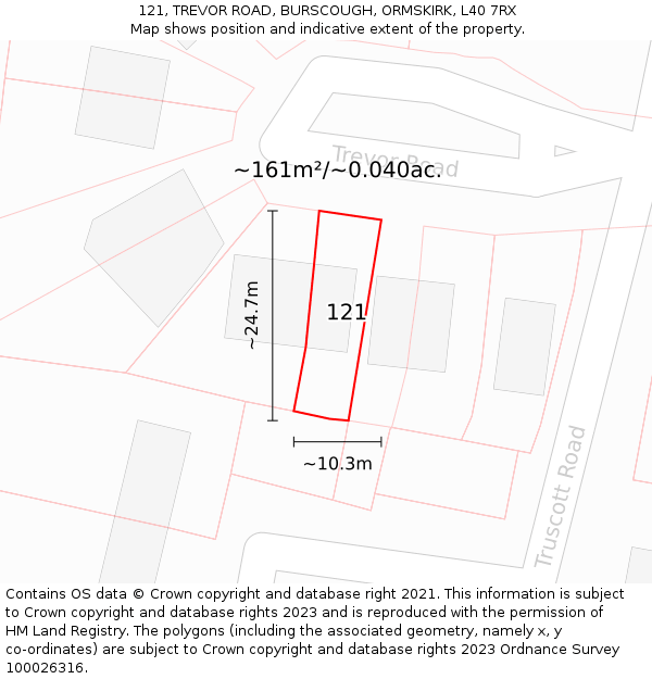 121, TREVOR ROAD, BURSCOUGH, ORMSKIRK, L40 7RX: Plot and title map
