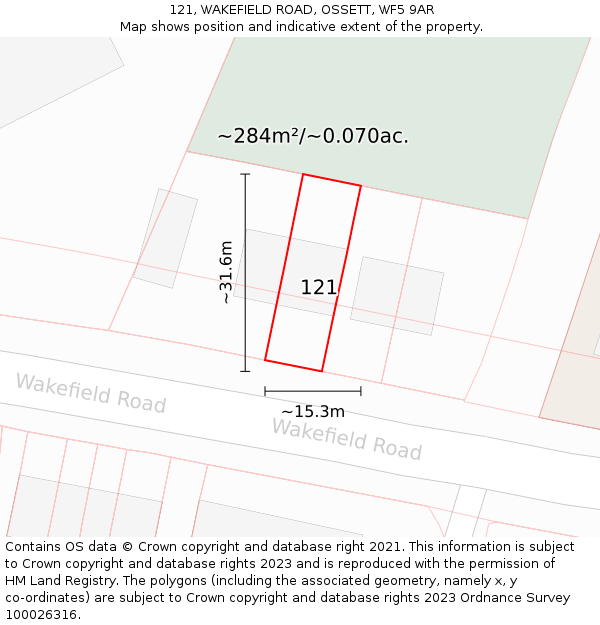 121, WAKEFIELD ROAD, OSSETT, WF5 9AR: Plot and title map