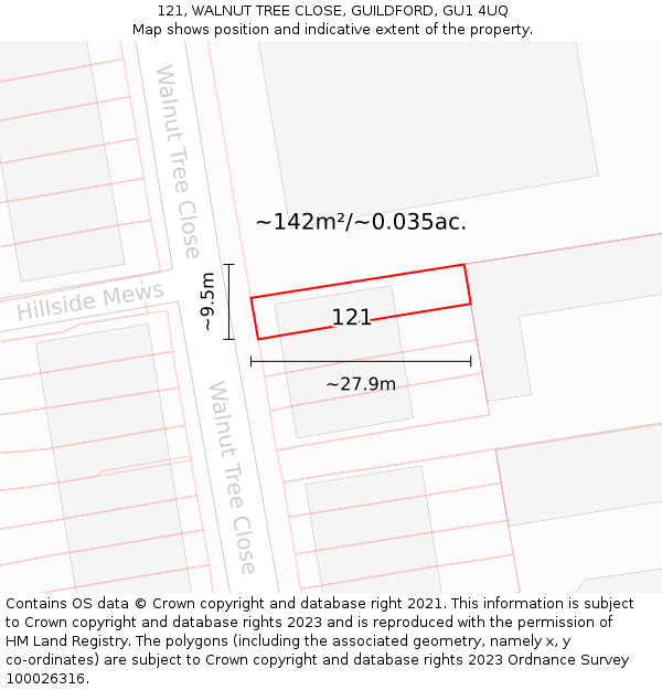 121, WALNUT TREE CLOSE, GUILDFORD, GU1 4UQ: Plot and title map