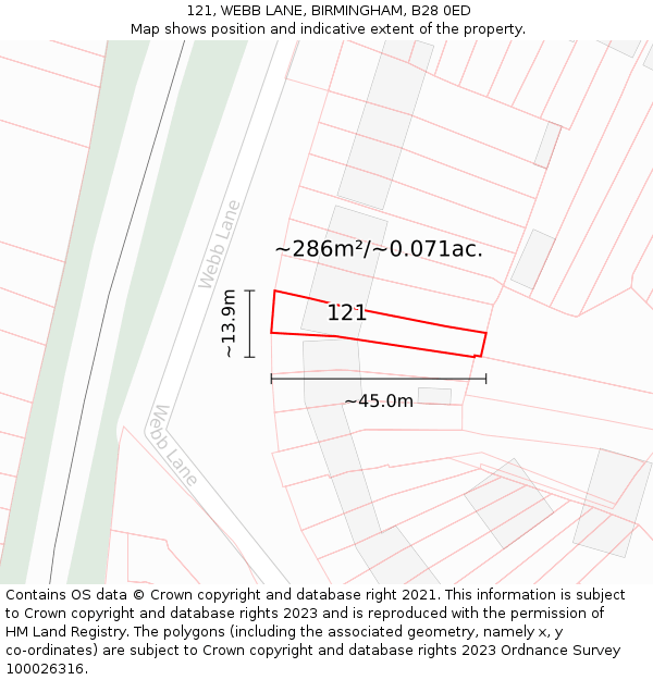 121, WEBB LANE, BIRMINGHAM, B28 0ED: Plot and title map
