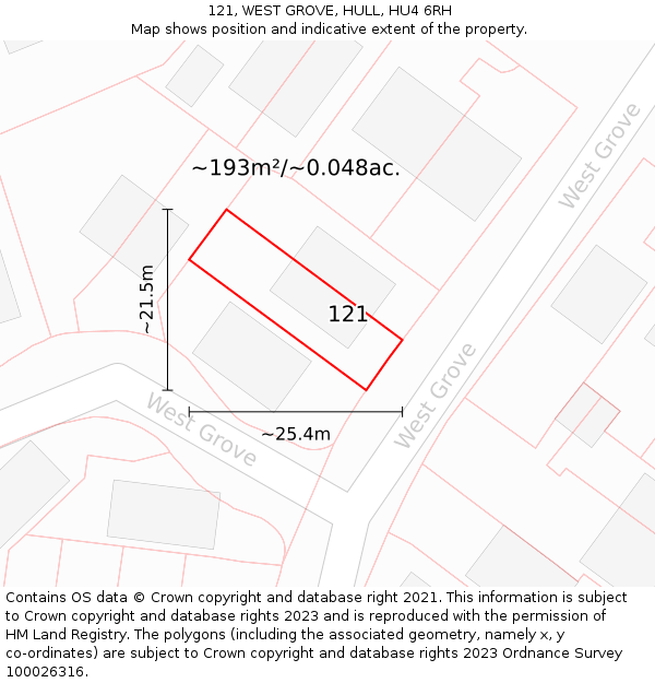 121, WEST GROVE, HULL, HU4 6RH: Plot and title map