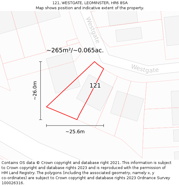 121, WESTGATE, LEOMINSTER, HR6 8SA: Plot and title map