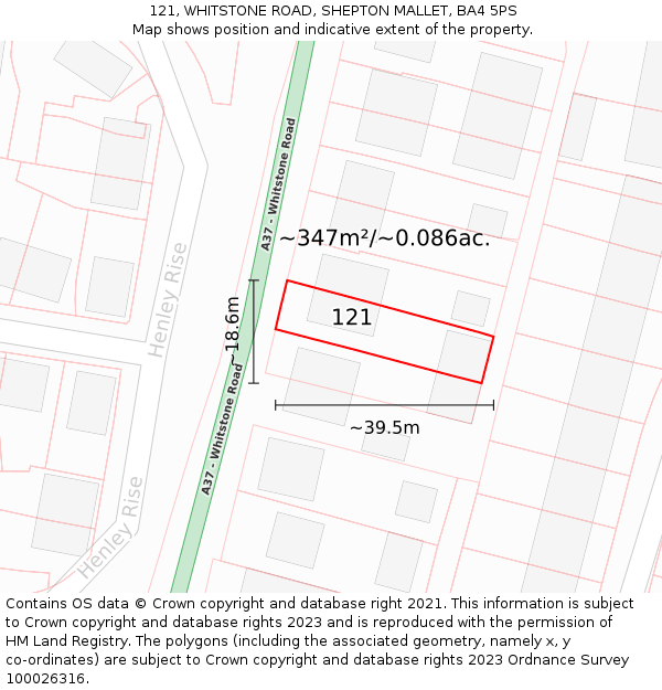 121, WHITSTONE ROAD, SHEPTON MALLET, BA4 5PS: Plot and title map