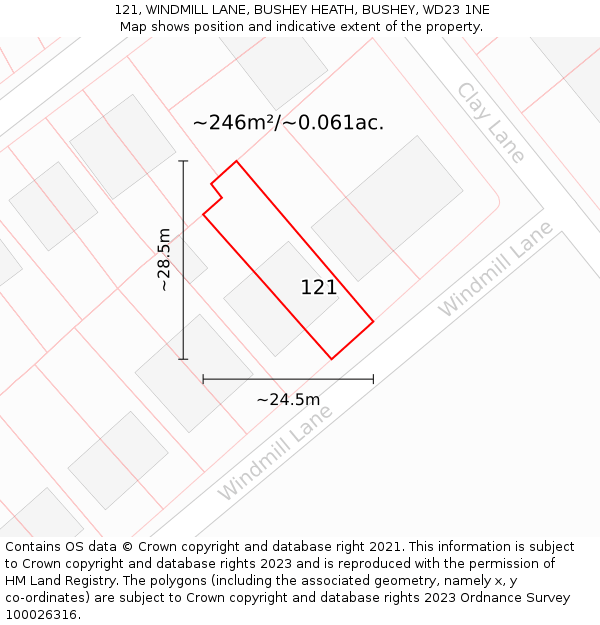 121, WINDMILL LANE, BUSHEY HEATH, BUSHEY, WD23 1NE: Plot and title map
