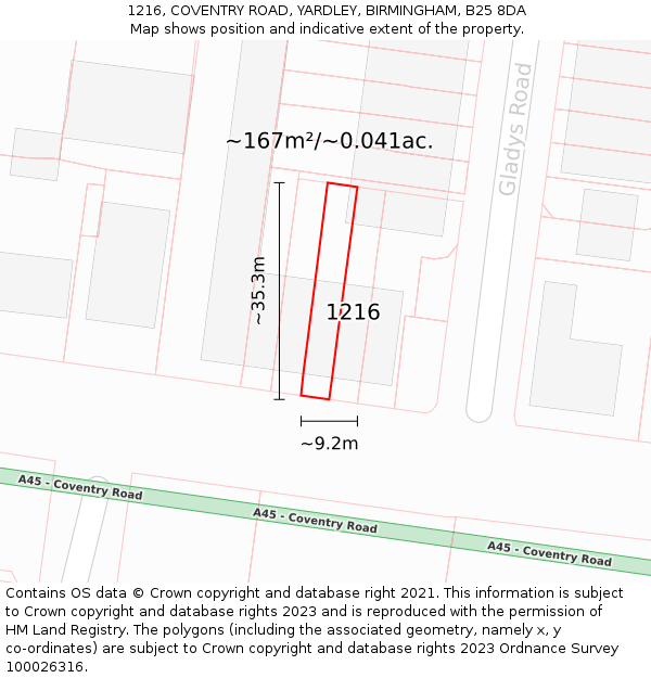 1216, COVENTRY ROAD, YARDLEY, BIRMINGHAM, B25 8DA: Plot and title map