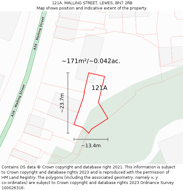 121A, MALLING STREET, LEWES, BN7 2RB: Plot and title map