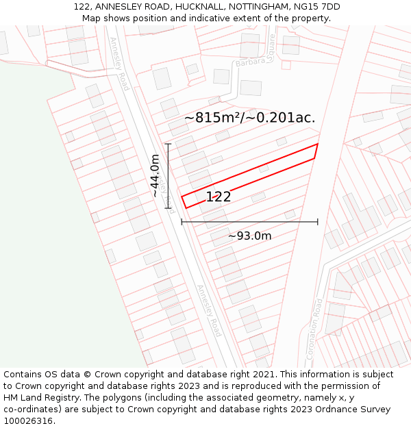 122, ANNESLEY ROAD, HUCKNALL, NOTTINGHAM, NG15 7DD: Plot and title map