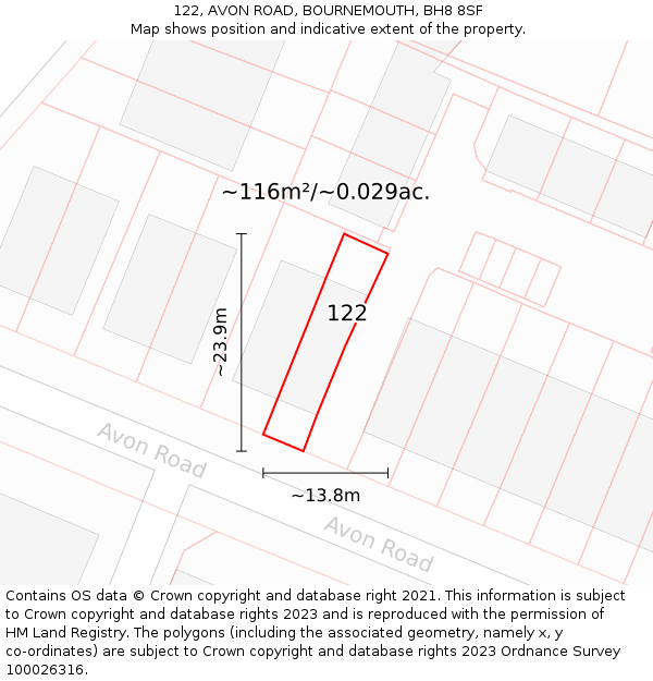 122, AVON ROAD, BOURNEMOUTH, BH8 8SF: Plot and title map