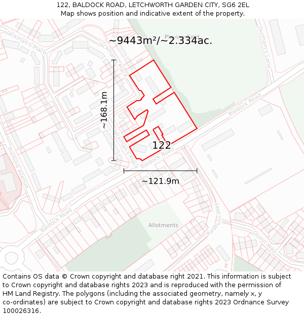 122, BALDOCK ROAD, LETCHWORTH GARDEN CITY, SG6 2EL: Plot and title map