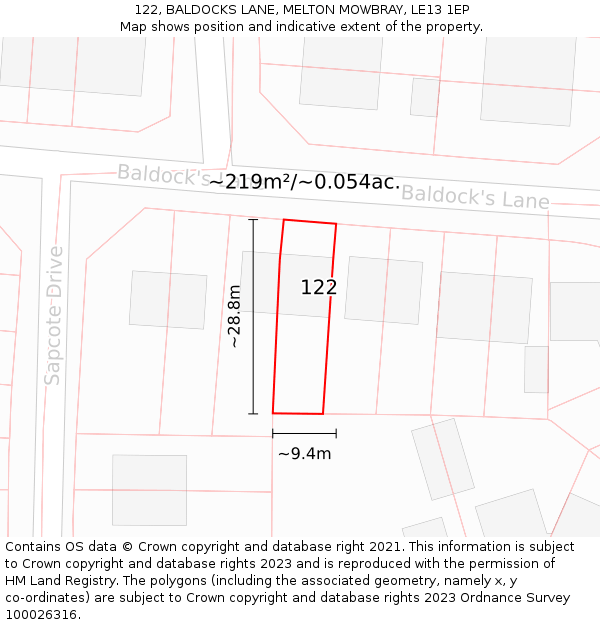 122, BALDOCKS LANE, MELTON MOWBRAY, LE13 1EP: Plot and title map