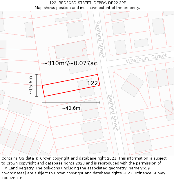 122, BEDFORD STREET, DERBY, DE22 3PF: Plot and title map
