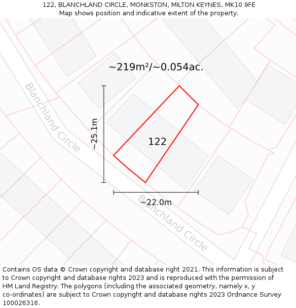 122, BLANCHLAND CIRCLE, MONKSTON, MILTON KEYNES, MK10 9FE: Plot and title map