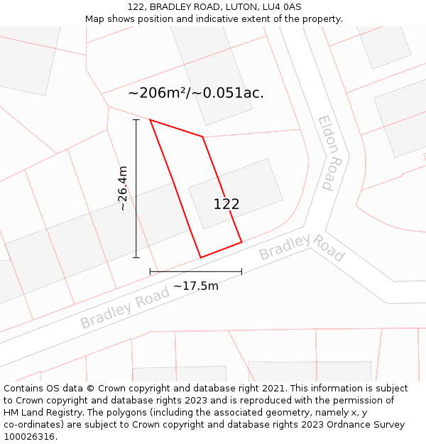 122, BRADLEY ROAD, LUTON, LU4 0AS: Plot and title map
