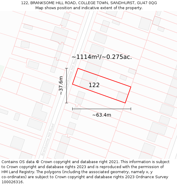 122, BRANKSOME HILL ROAD, COLLEGE TOWN, SANDHURST, GU47 0QG: Plot and title map