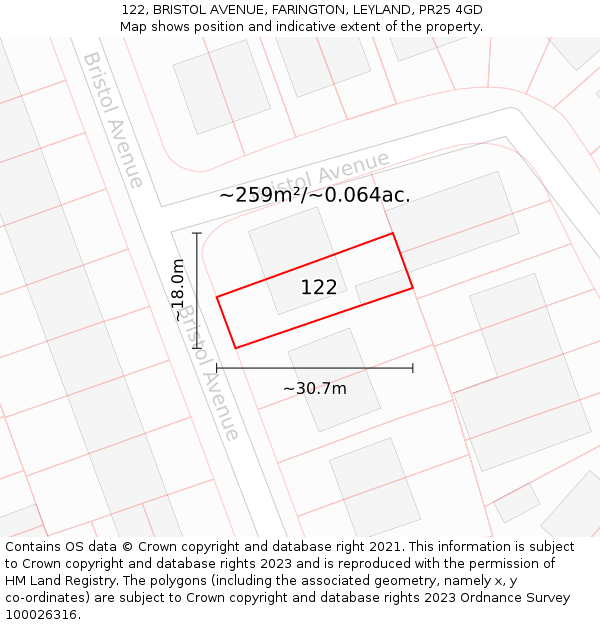 122, BRISTOL AVENUE, FARINGTON, LEYLAND, PR25 4GD: Plot and title map