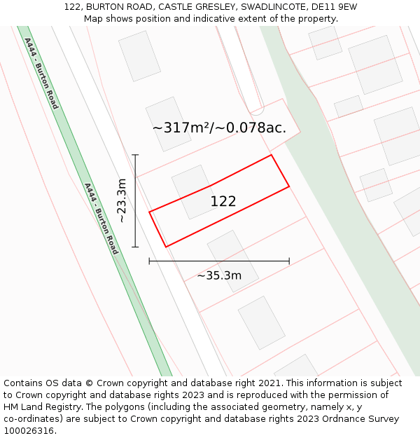 122, BURTON ROAD, CASTLE GRESLEY, SWADLINCOTE, DE11 9EW: Plot and title map