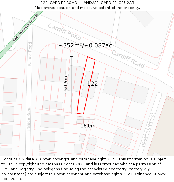 122, CARDIFF ROAD, LLANDAFF, CARDIFF, CF5 2AB: Plot and title map