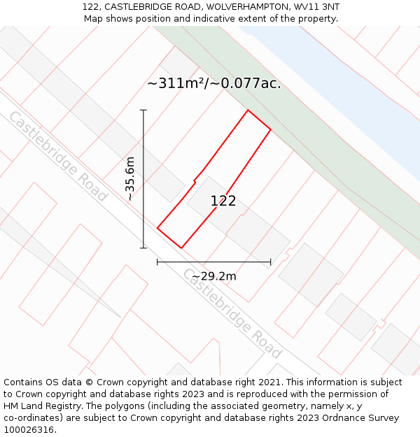 122, CASTLEBRIDGE ROAD, WOLVERHAMPTON, WV11 3NT: Plot and title map