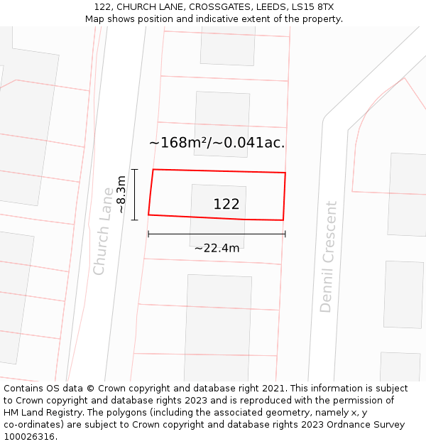 122, CHURCH LANE, CROSSGATES, LEEDS, LS15 8TX: Plot and title map