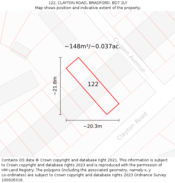 122, CLAYTON ROAD, BRADFORD, BD7 2LY: Plot and title map