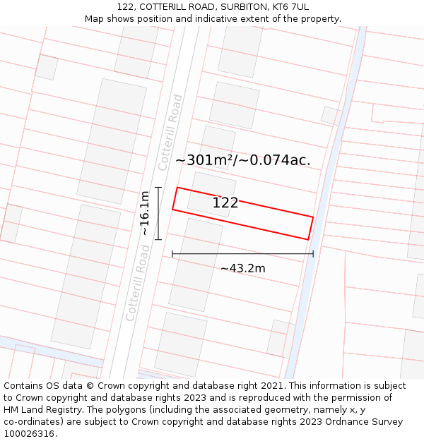 122, COTTERILL ROAD, SURBITON, KT6 7UL: Plot and title map