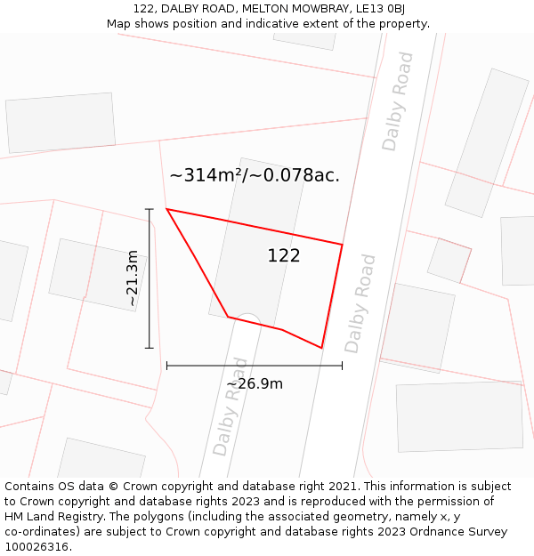 122, DALBY ROAD, MELTON MOWBRAY, LE13 0BJ: Plot and title map