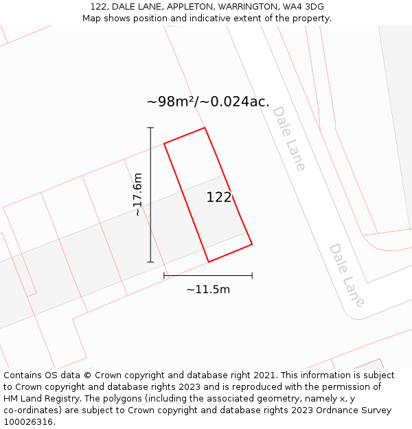 122, DALE LANE, APPLETON, WARRINGTON, WA4 3DG: Plot and title map