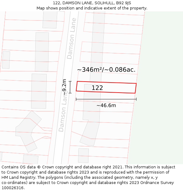 122, DAMSON LANE, SOLIHULL, B92 9JS: Plot and title map