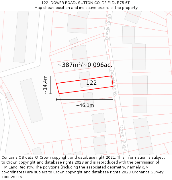 122, DOWER ROAD, SUTTON COLDFIELD, B75 6TL: Plot and title map
