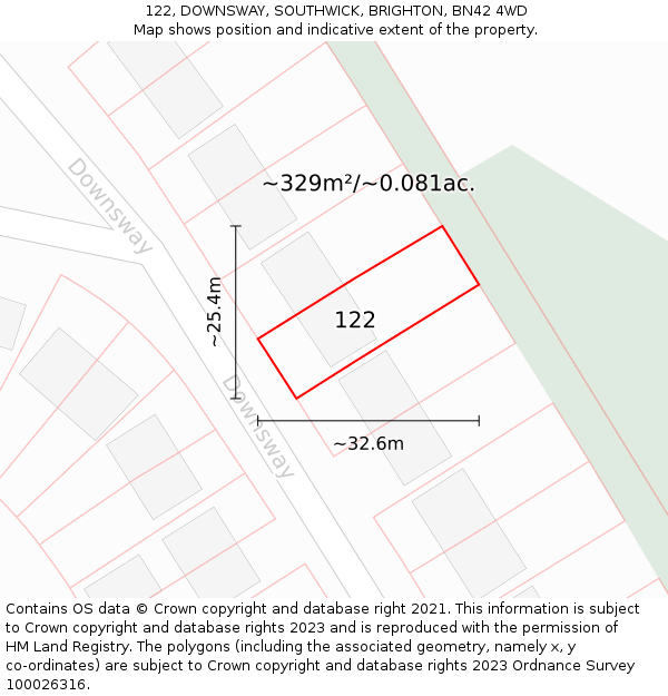 122, DOWNSWAY, SOUTHWICK, BRIGHTON, BN42 4WD: Plot and title map