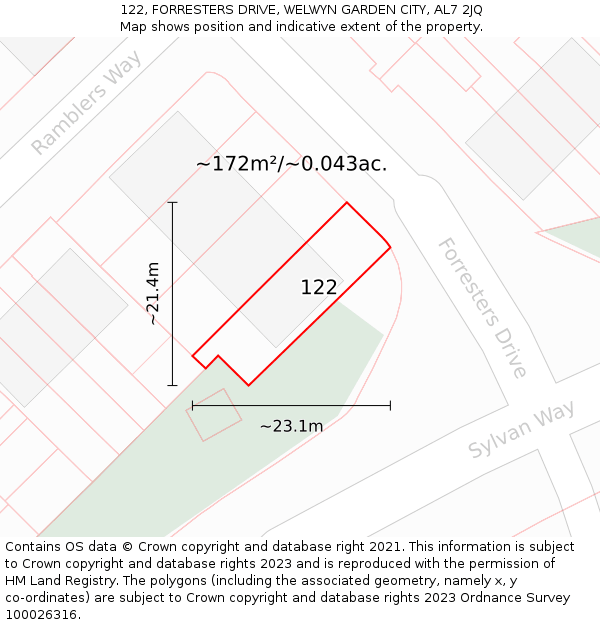 122, FORRESTERS DRIVE, WELWYN GARDEN CITY, AL7 2JQ: Plot and title map