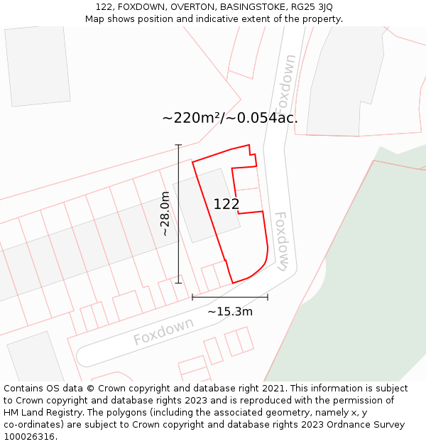 122, FOXDOWN, OVERTON, BASINGSTOKE, RG25 3JQ: Plot and title map