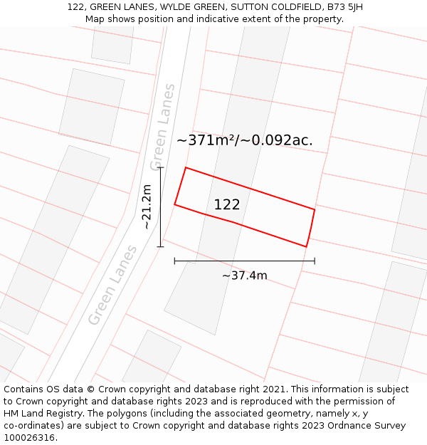 122, GREEN LANES, WYLDE GREEN, SUTTON COLDFIELD, B73 5JH: Plot and title map