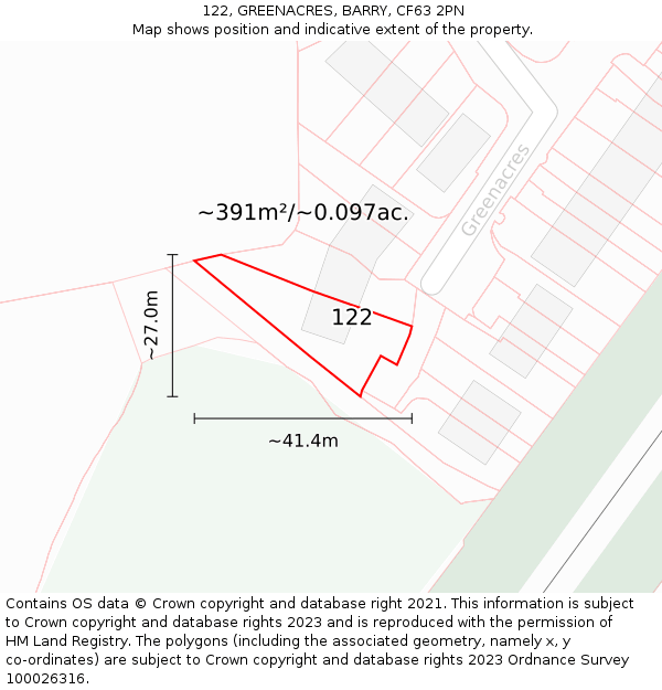 122, GREENACRES, BARRY, CF63 2PN: Plot and title map