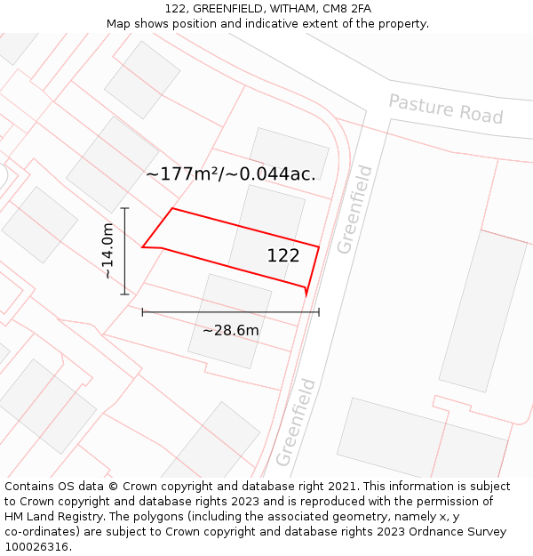 122, GREENFIELD, WITHAM, CM8 2FA: Plot and title map