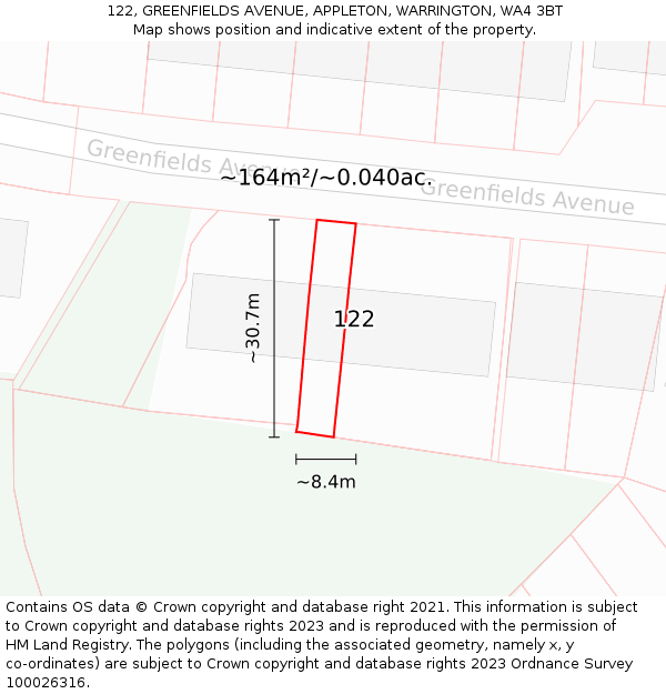 122, GREENFIELDS AVENUE, APPLETON, WARRINGTON, WA4 3BT: Plot and title map