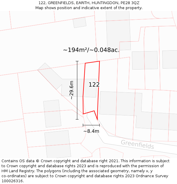122, GREENFIELDS, EARITH, HUNTINGDON, PE28 3QZ: Plot and title map