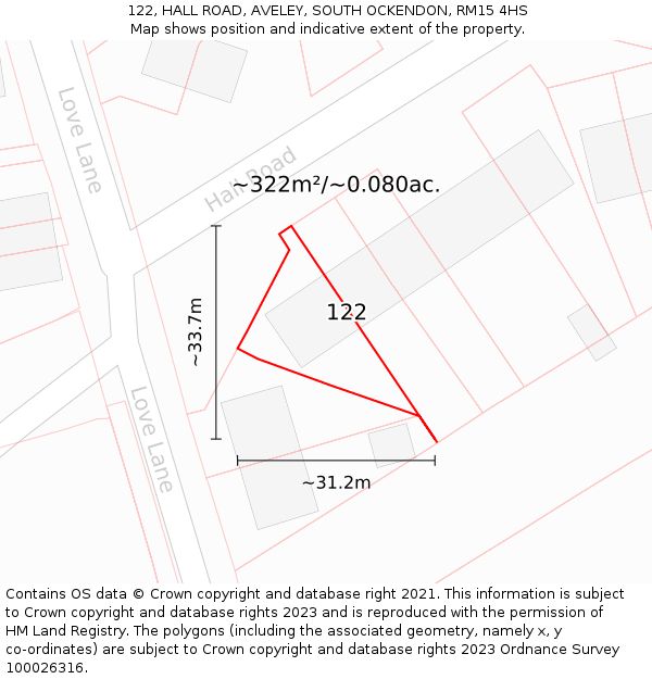 122, HALL ROAD, AVELEY, SOUTH OCKENDON, RM15 4HS: Plot and title map