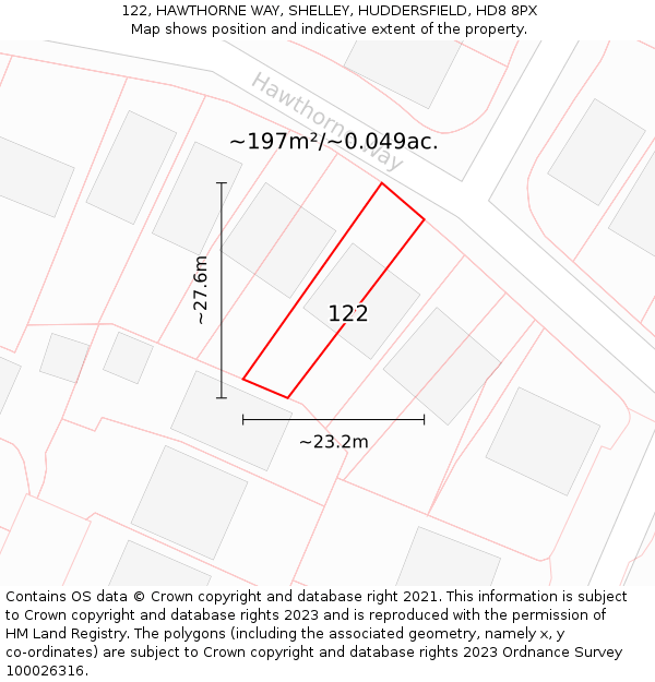 122, HAWTHORNE WAY, SHELLEY, HUDDERSFIELD, HD8 8PX: Plot and title map
