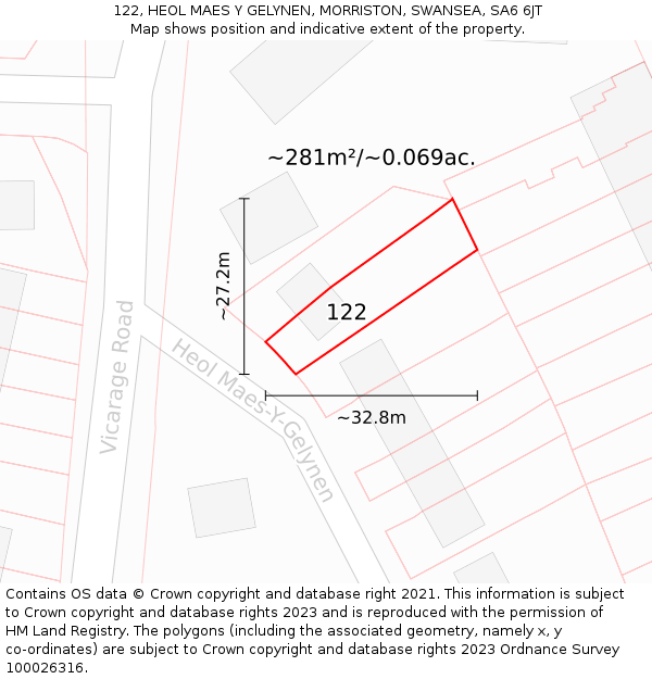 122, HEOL MAES Y GELYNEN, MORRISTON, SWANSEA, SA6 6JT: Plot and title map