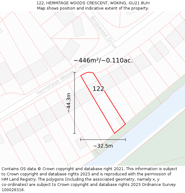 122, HERMITAGE WOODS CRESCENT, WOKING, GU21 8UH: Plot and title map