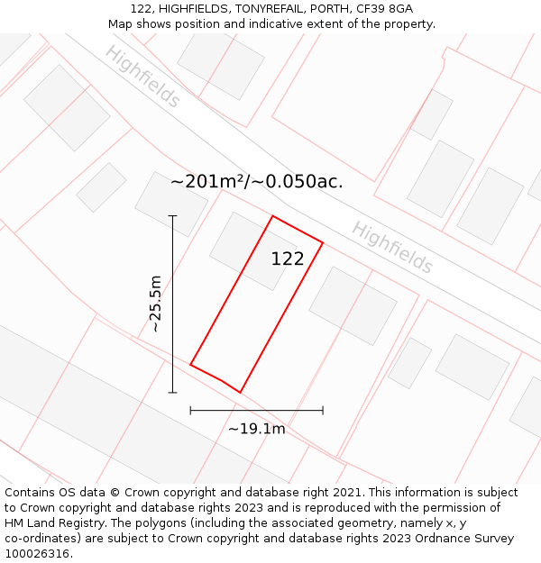 122, HIGHFIELDS, TONYREFAIL, PORTH, CF39 8GA: Plot and title map