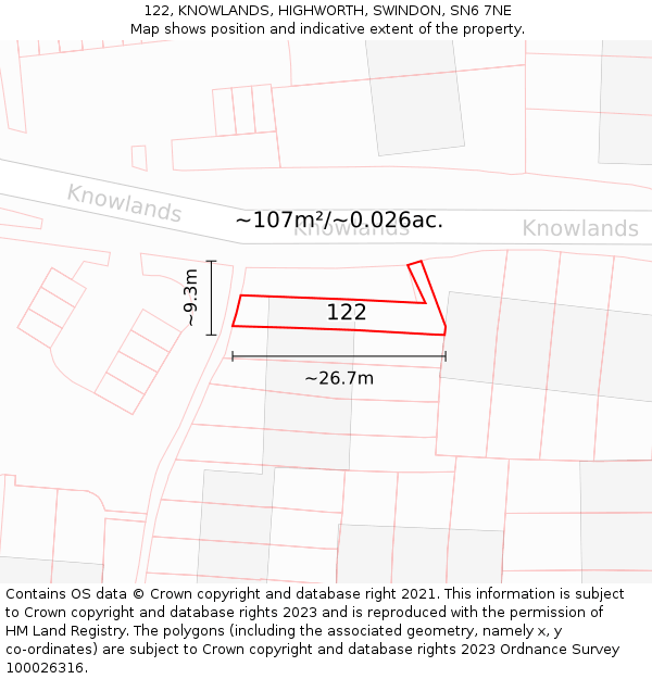 122, KNOWLANDS, HIGHWORTH, SWINDON, SN6 7NE: Plot and title map